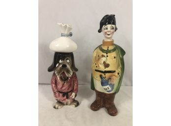 Vintage Porcelain Novelty Liquor Decanters Sick Dog And French Soldier - 2 Pieces