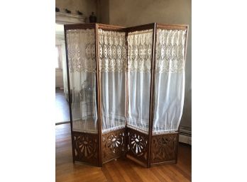 Antique Victorian Wood Partition With Lace Curtains Hand Carved Detail