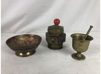 Antique Hand Painted Brass Decorative Pieces - 3 Pieces