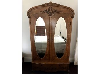Antique Ornate Carved Oak Linen Armoire With Double Doors And Mirrors