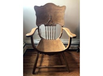 Antique Oak High Backed Arm Chair With Hand Carved Details