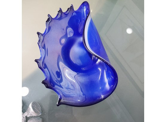 Hand Blown Blue Glass Sea Shell Candy Dish
