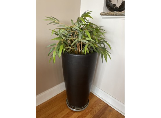 Large, Attractive Planter With Artificial Bamboo Plant - Pottery With A Metal Drip Pan Base