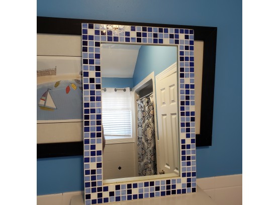 Nice Use Of Shades Of Blue & White Tiles Surround This Vintage Framed Mirror