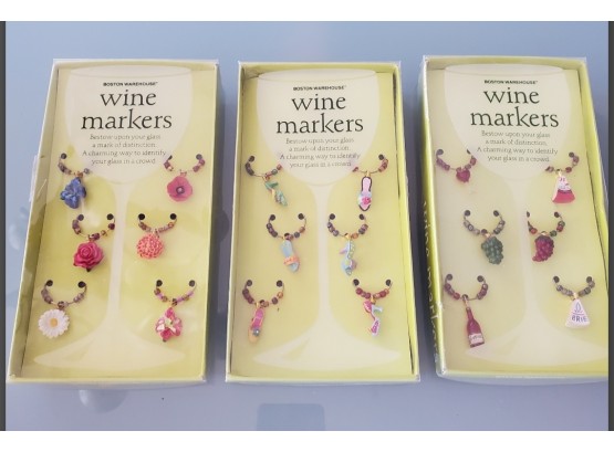 Three Boston Warehouse Wine Markers New In Boxes - Sets Of Six Each