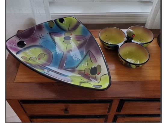Large Martinis With Olives Serving Tray & 3- Dip Bowl