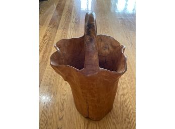 Hand Carved Wooden Basket Bowl With Handle