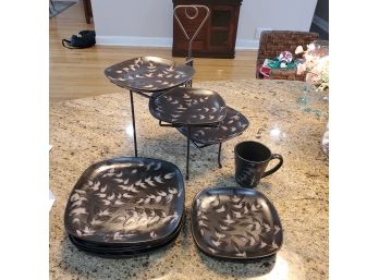 11 Pieces Of Clay Pottery Dishware & A 3- Tier Swivel Metal Plate Stand