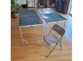 Pair Of Light- Weight Aluminum Folding Picnic Tables & 1 Metal Folding Chair