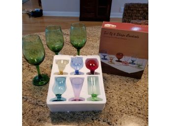 Set Of Six Shaped Colorful Cordial Glasses & Three Green Wine Glasses