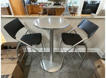 High Top Bar Stool Table With Lovely Brushed Metallic Tops & With Two Chairs  (Set #3 Of 3 Sets)