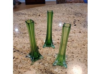 Set Of Three Green Glass Flower Stem Vases