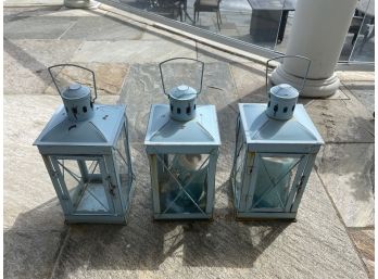 Set Of Three Metal & Glass Lanterns