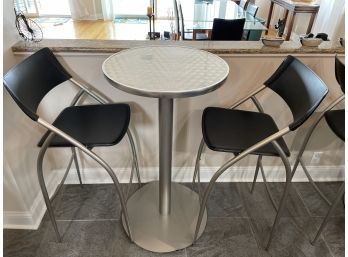 High Top Bar Stool Table With Lovely Brushed Metallic Tops & With Two Chairs   (Set #2 Of 3 Sets)
