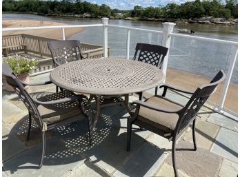 Metal Patio Table & Chairs With Slots For An Umbrella & Comfy Sunbrela Cushions (#1 Of 2 Sets In This Auction)