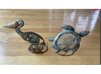 Two Decorative Hand Crafted Metal Candle Holders - Beloved Pelican & Sea Turtle