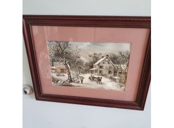 Framed Vintage Currier & Ives Color Litho Print- American Homestead Winter- Attractive Wood Frame  Ca 1948