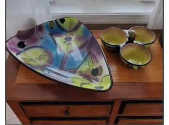 Large Martinis With Olives Serving Tray & 3- Dip Bowl