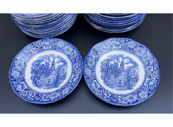 Set Of 28 Liberty Blue Tea Cup Plates Historic Colonial Scenes