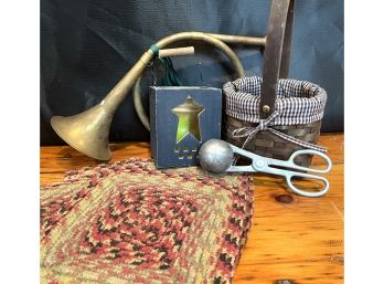 Lot Of Braided Pot Holders, Vintage Horn And Other Items