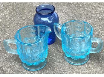 Blue Depression Creamer, Sugar Bowl, Vase