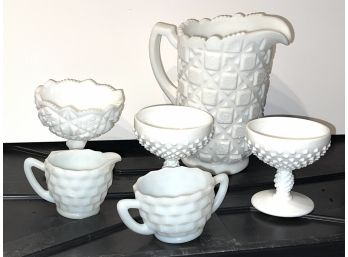 Milk Glass Pitcher With Glasses Of Varying Patterns