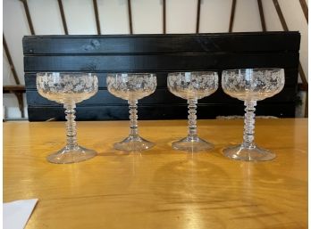 Set Of 4 Floral Etched Wine Glasses