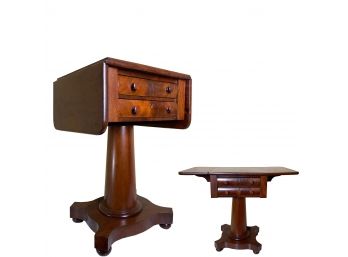 Mid - Late 19th Century Flame Mahogany Drop Leaf Side Table With 2 Drawers & Bun Feet