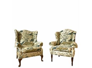 Antique - His & Hers Tapestry Upholstered Wing Back Arm Chairs