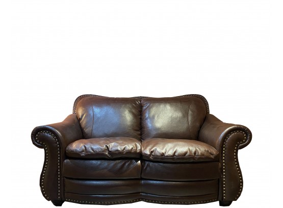 Chocolate Brown Leather Rolled Arm With Nail Head Accents Loveseat