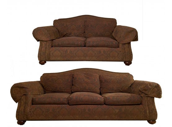 Ethan Allen Camelback Ultra Comfortable Sofa And Loveseat With Nailhead Accents & Bun Feet