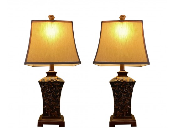Pair - Floral Pattern Base Lamps Square Shades