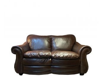 Chocolate Brown Leather Rolled Arm With Nail Head Accents Loveseat