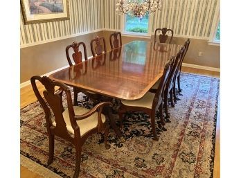 Kittinger Banded Mahogany Banquet Table With (8) Horse Hair Upholstered Chairs* - Protective Pads And Leaves -