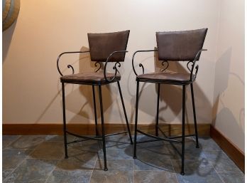 Pair - Iron Scroll And Leather Bar Stools