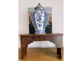Blue And White Urn With Vintage Bench