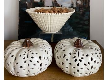 Autumn Decor - Pair Of Pumpkins And Signed Handmade Bowl With Walnuts