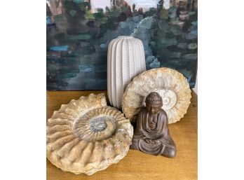 Zen Grouping - Buddha, Vase And Ammonite Fossils