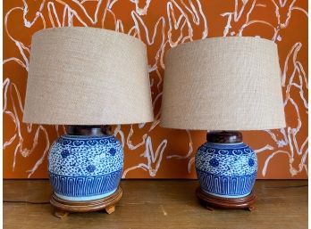 Pair Of Blue And White Lamps With Burlap Shade