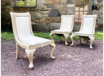 A Set Of 3 Vintage Mexican Export Oak And Vinyl Low Accent Chairs By Sagonari Furniture