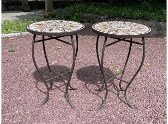 A Pair Of Vintage Mosaic Tile Top Wrought Iron Cocktail Tables