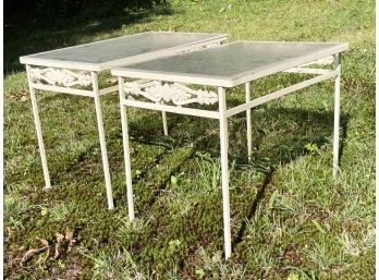 A Pair Of Vintage Wrought Iron Glass Top Side Tables By Salterini
