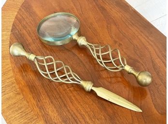 An Antique Brass Desk Set - Mail Opener And Magnifying Glass