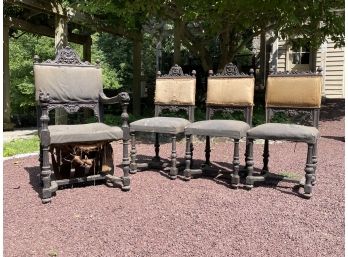 A Set Of 4 19th Century Carved Oak Gothic Revival Dining Chairs (AS IS)