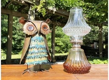 A Decorative Owl And Vintage Cut Glass Hurricane Lamp
