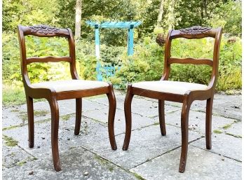 A Pair Of Vintage Ladder Back Carved Wood Side Chairs