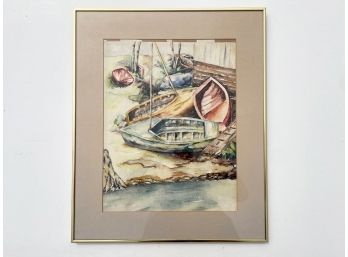 An Original Vintage Watercolor, Harbor Scene