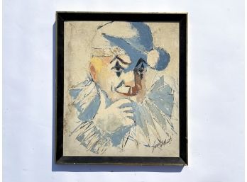 A Vintage Oil On Board, Clown Themed, Signed Indistinctly