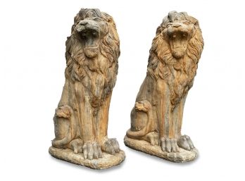 A Pair Of Majestic Cast Stone Garden Lions