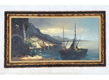 A Large Vintage Oil On Canvas, European Harbor Scene, Signed Indistinctly